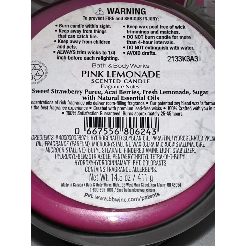 Bath & Body Works Pink Lemonade 3-Wick Scented Candle 14.5oz Essential Oils
